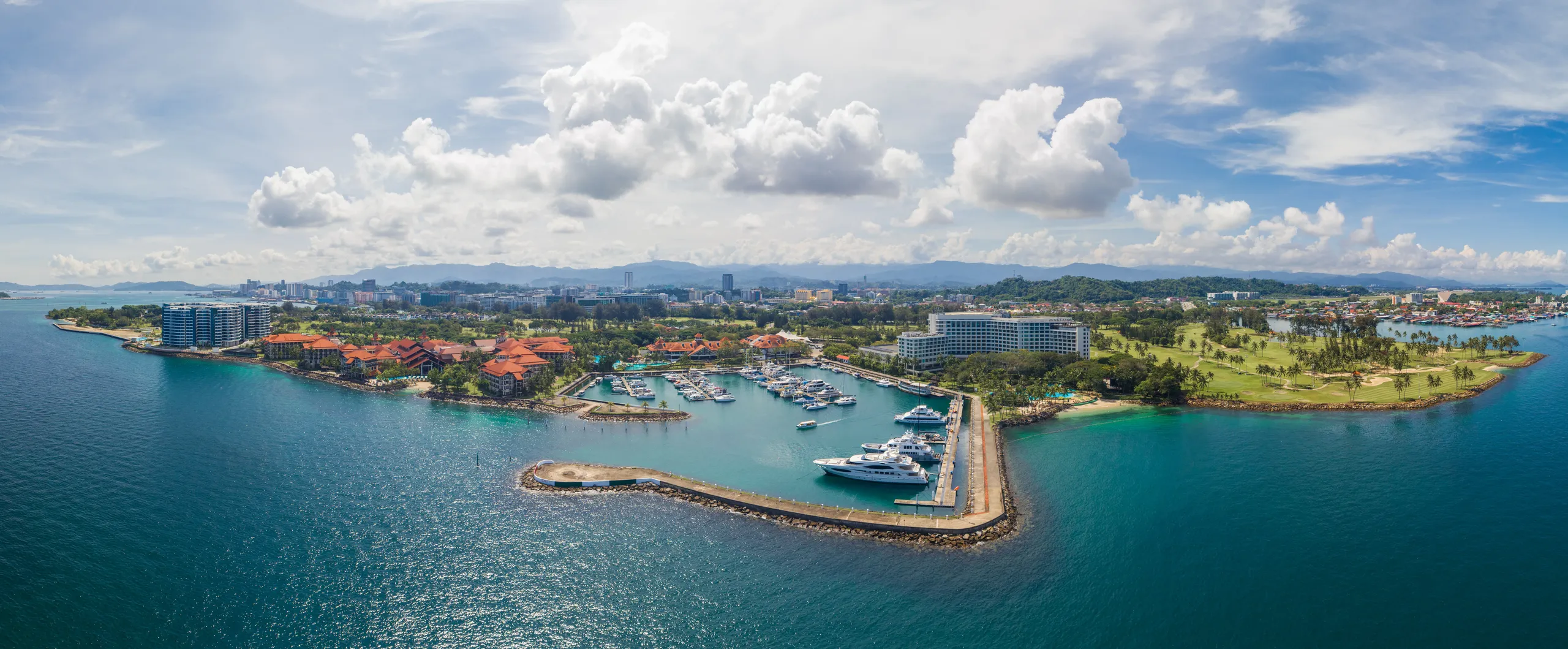 Aerial view of Sutera Harbour marina and the South China Sea, Kota Kinabalu